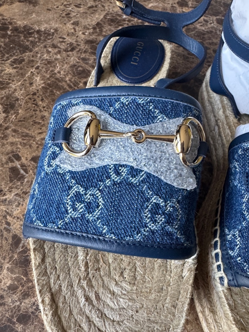 Gucci denim azure blue wedge logo espadrille sandal sz 39 - Picture 4 of 10